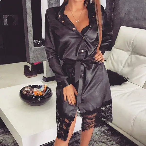 Lace-Panel Satin Sleep Dress with Shirt Style